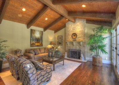 Sitting area with large stone fireplace