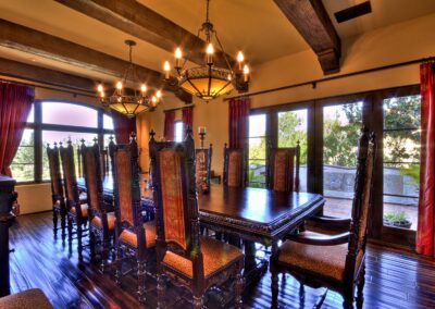 Formal dining room with dark wood