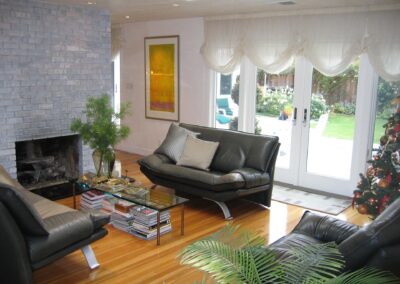 Living room with brick fireplace